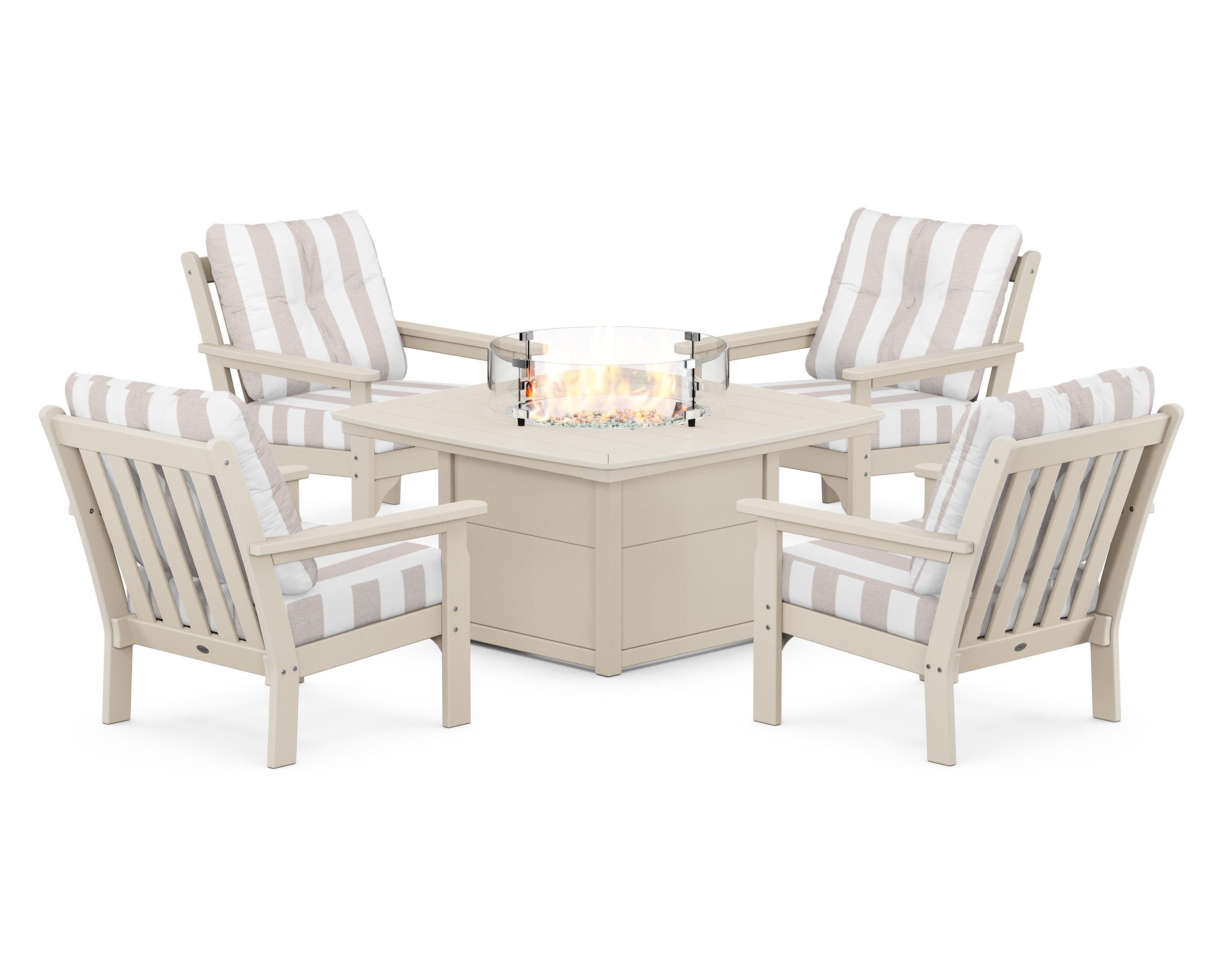 POLYWOOD® Vineyard 5-Piece Conversation Set with Fire Pit Table in Sand / Cabana Stripe Dune Burlap