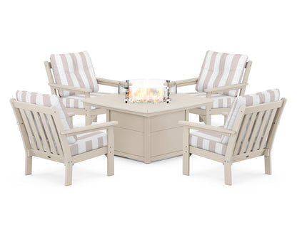 POLYWOOD® Vineyard 5-Piece Conversation Set with Fire Pit Table in Sand / Cabana Stripe Dune Burlap
