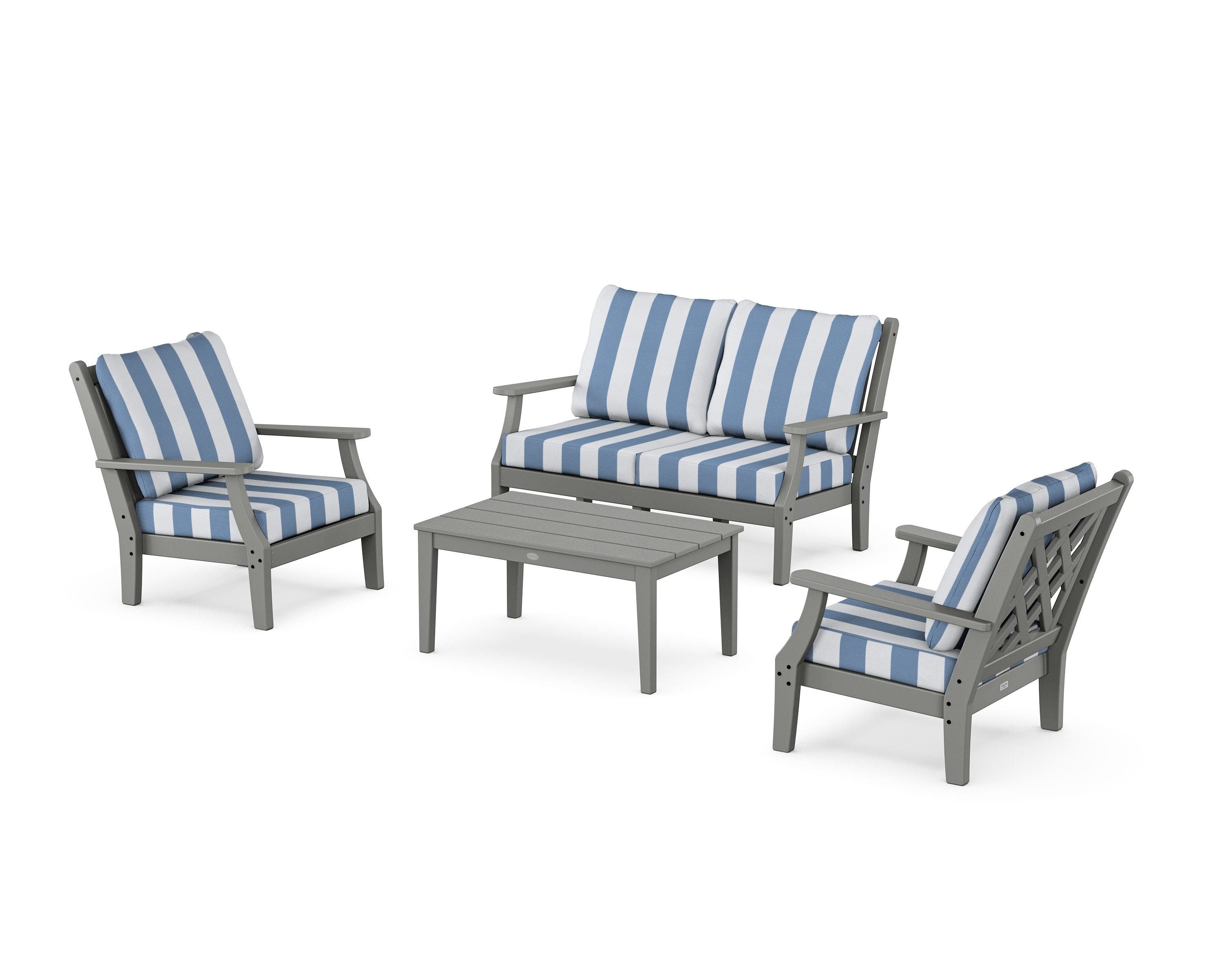 Country Living Wovendale 4-Piece Deep Seating Set with Loveseat in Slate Grey / Cabana Stripe Sky Blue