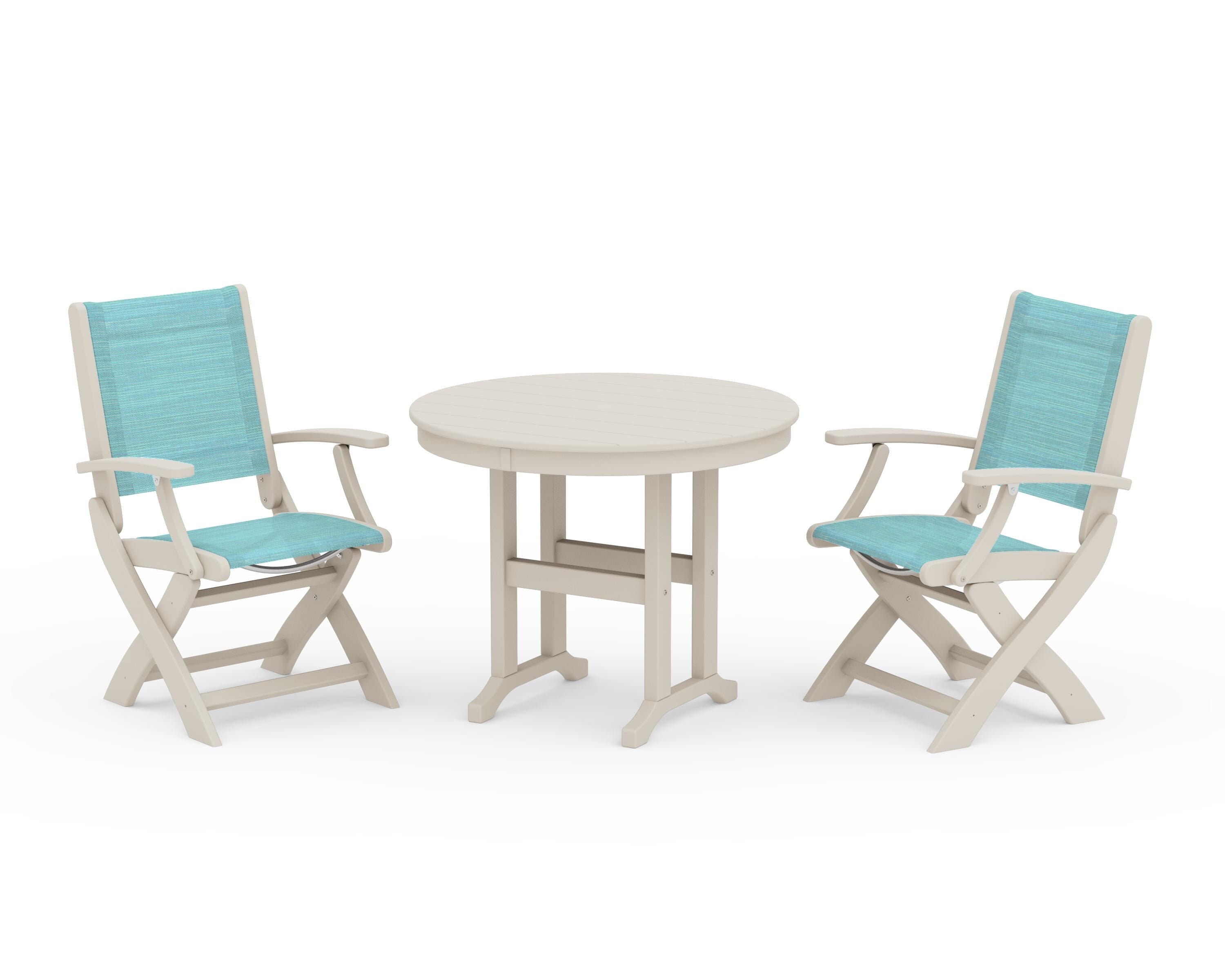 POLYWOOD® Coastal Folding Chair 3-Piece Round Dining Set in Sand / Dupioni Aquamarine Sling