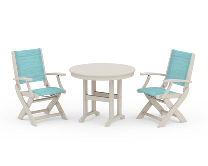 POLYWOOD® Coastal Folding Chair 3-Piece Round Dining Set in Sand / Dupioni Aquamarine Sling