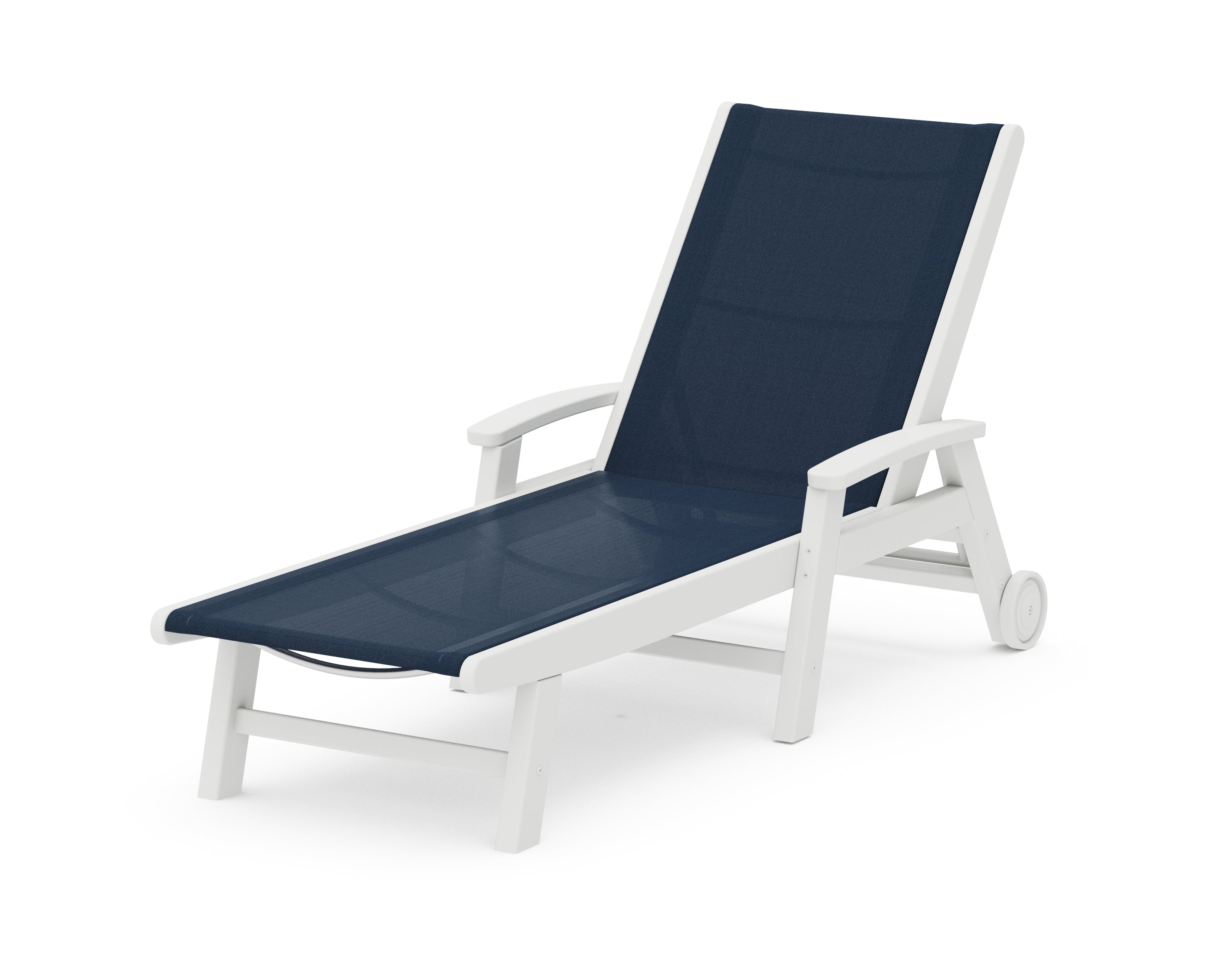 POLYWOOD® Coastal Chaise with Wheels in White / Navy Blue Sling