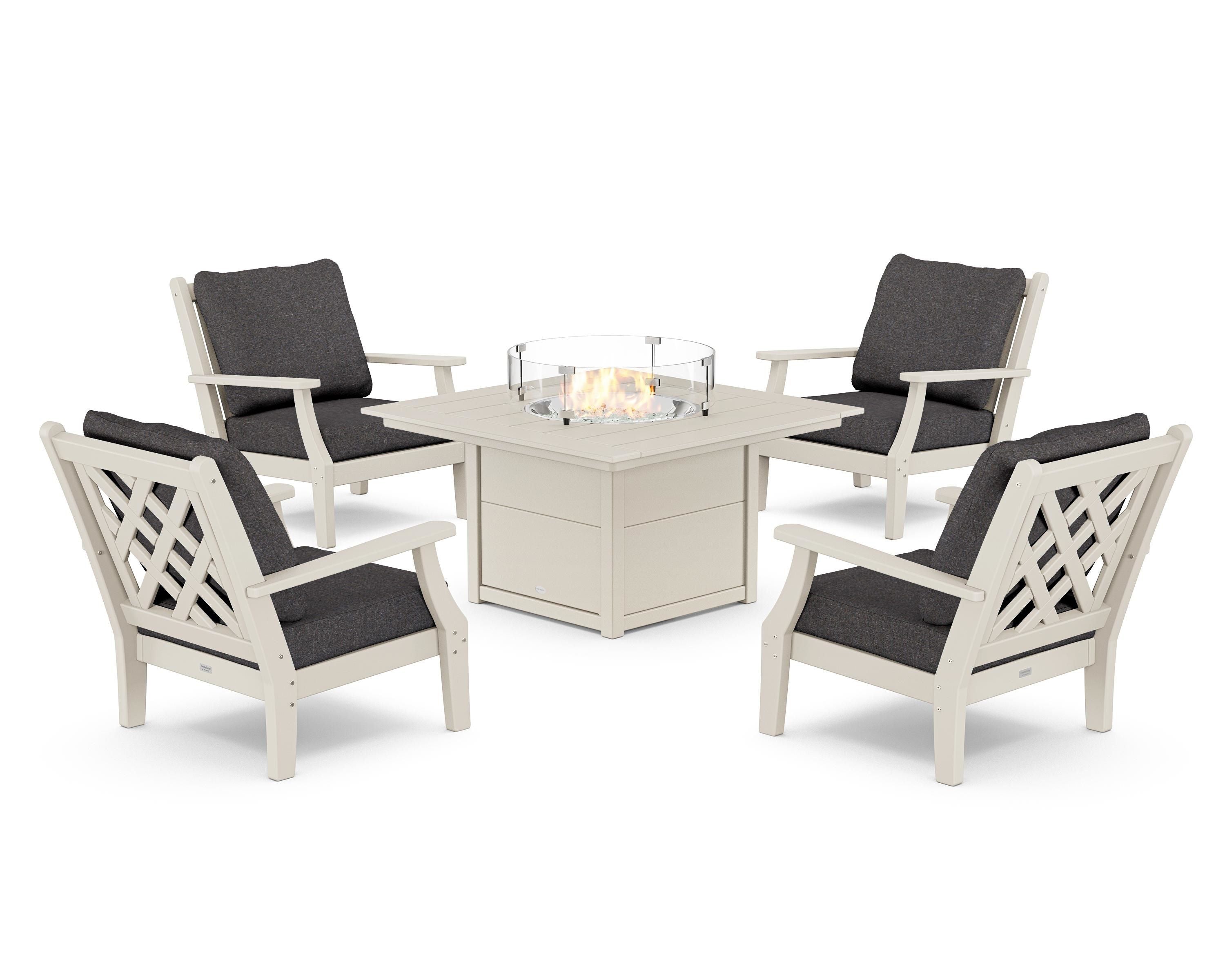 Country Living Wovendale 5-Piece Deep Seating Set with Fire Pit Table in Sand / Ash Charcoal
