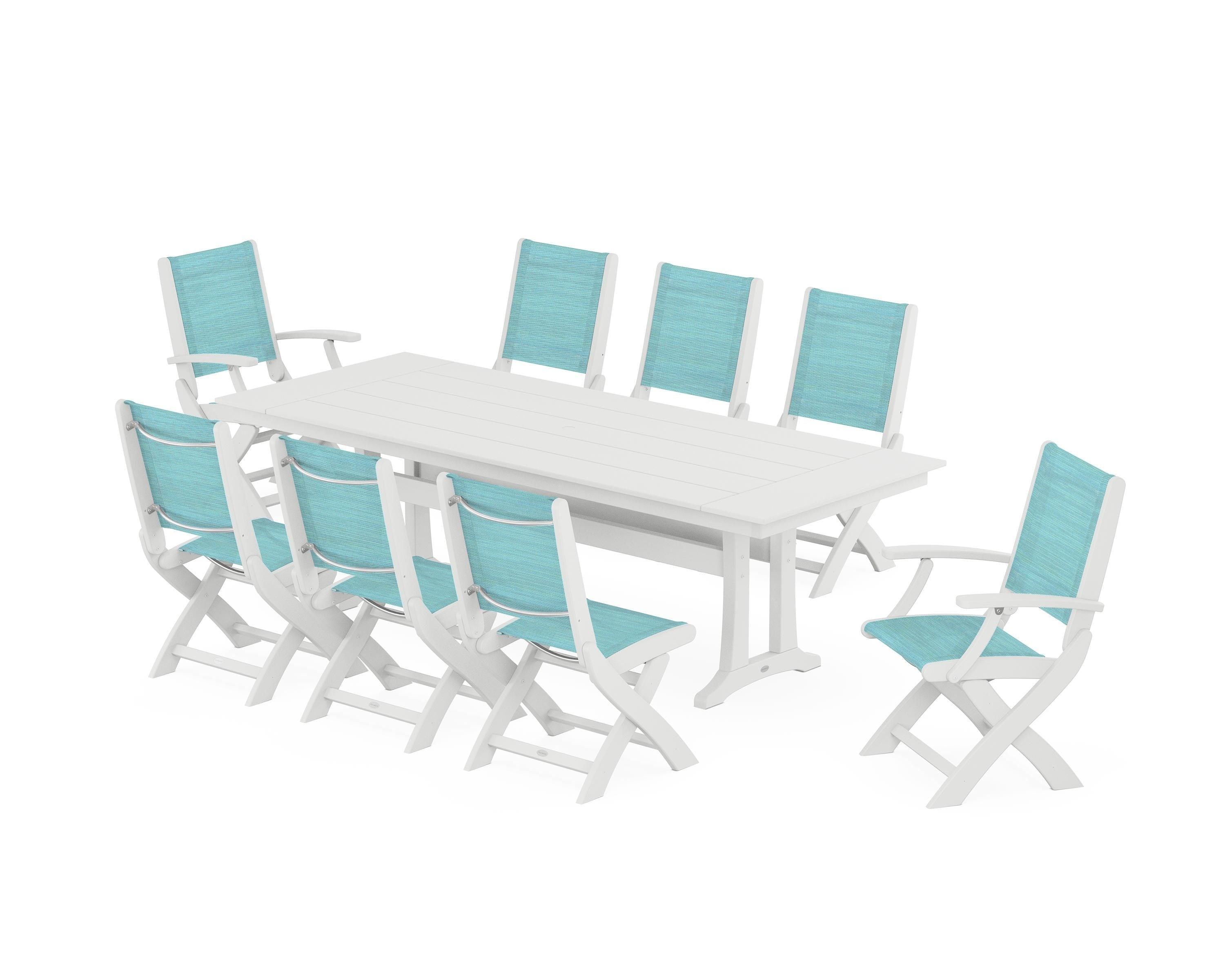 POLYWOOD® Coastal 9-Piece Folding Dining Chair Farmhouse Dining Set with Trestle Legs in White / Dupioni Aquamarine Sling