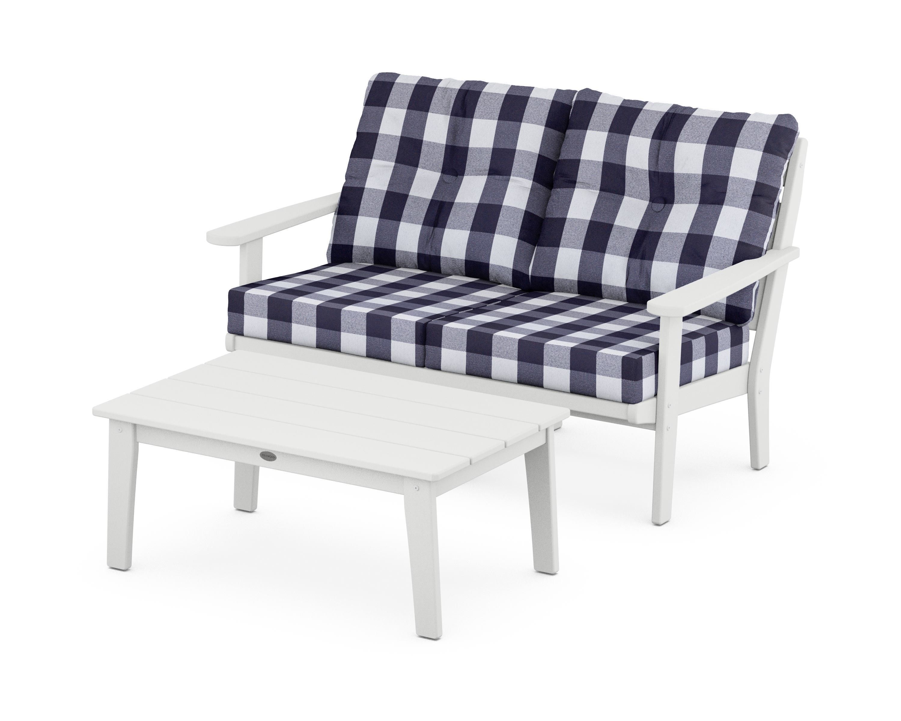 POLYWOOD® Lakeside 2-Piece Lounge Loveseat Set in White / Buffalo Plaid Navy