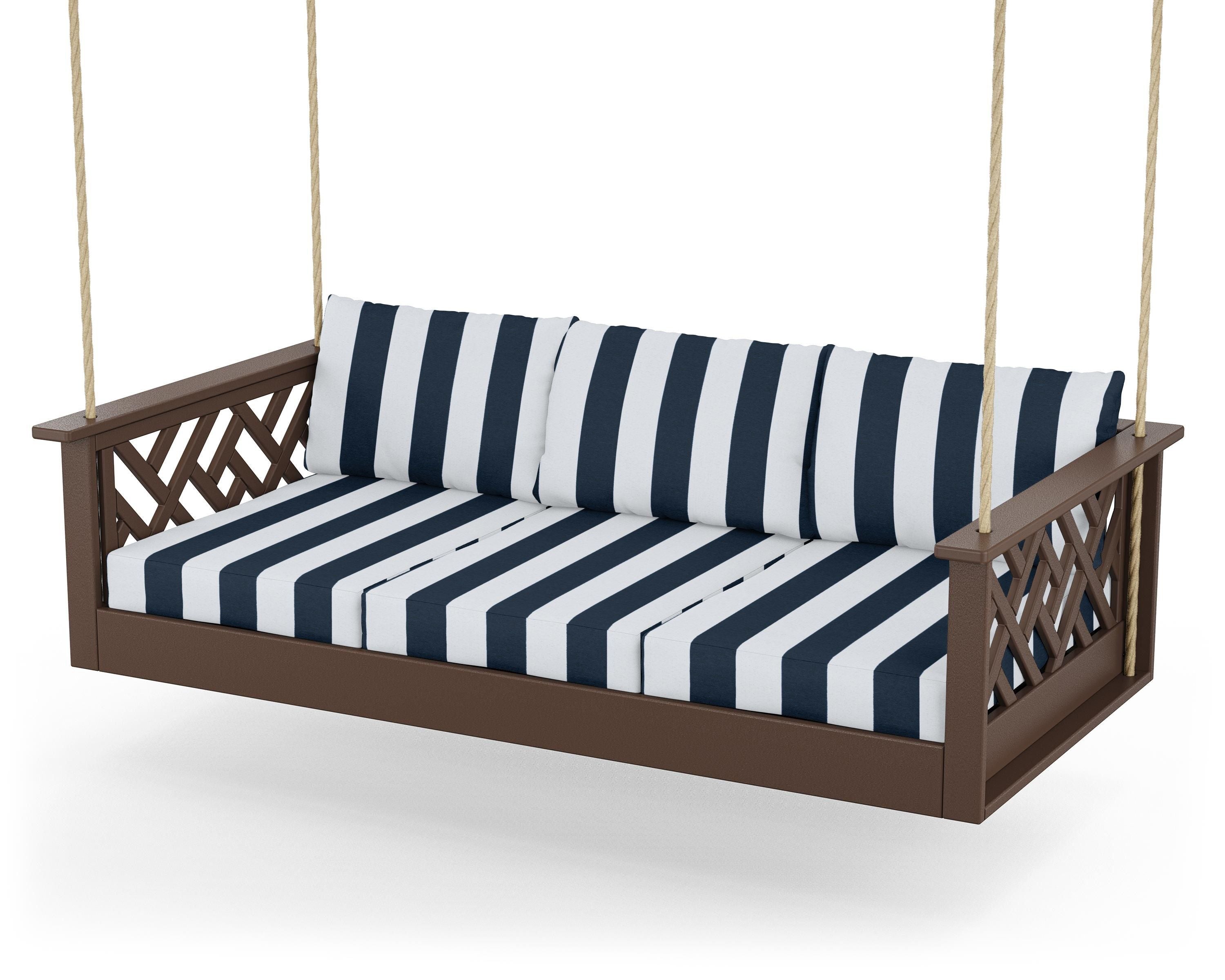 POLYWOOD® Chippendale Daybed Swing in Mahogany / Cabana Stripe Marine Indigo