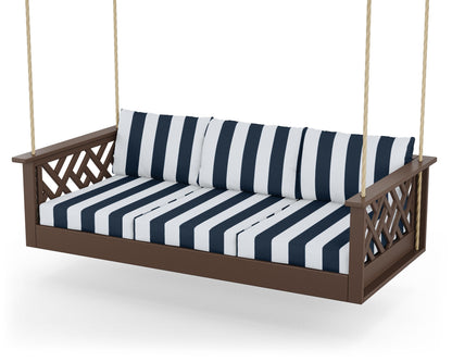 POLYWOOD® Chippendale Daybed Swing in Mahogany / Cabana Stripe Marine Indigo