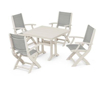 POLYWOOD® Coastal Folding Chair 5-Piece Farmhouse Dining Set With Trestle Legs in Sand / Metallic Sling