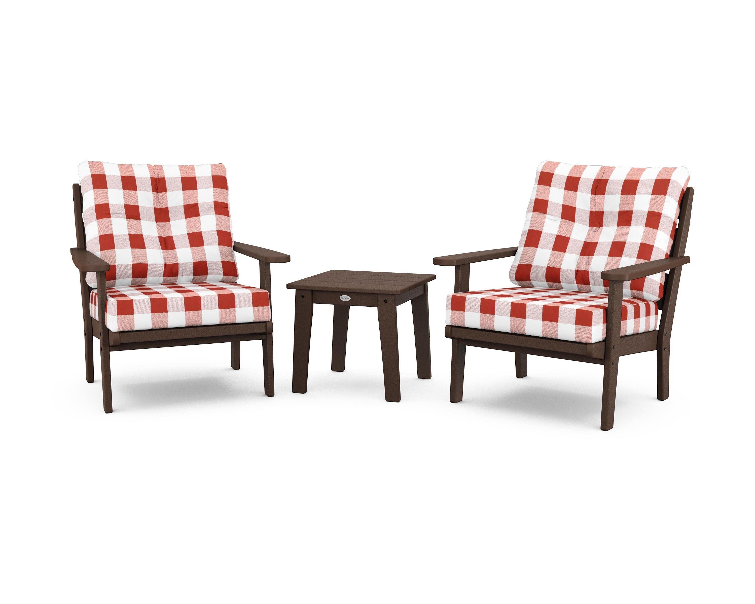 POLYWOOD® Lakeside 3-Piece Deep Seating Chair Set in Mahogany / Buffalo Plaid Crimson