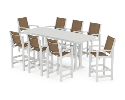 POLYWOOD® Coastal 9-Piece Farmhouse Bar Set with Trestle Legs in White / Burlap Sling