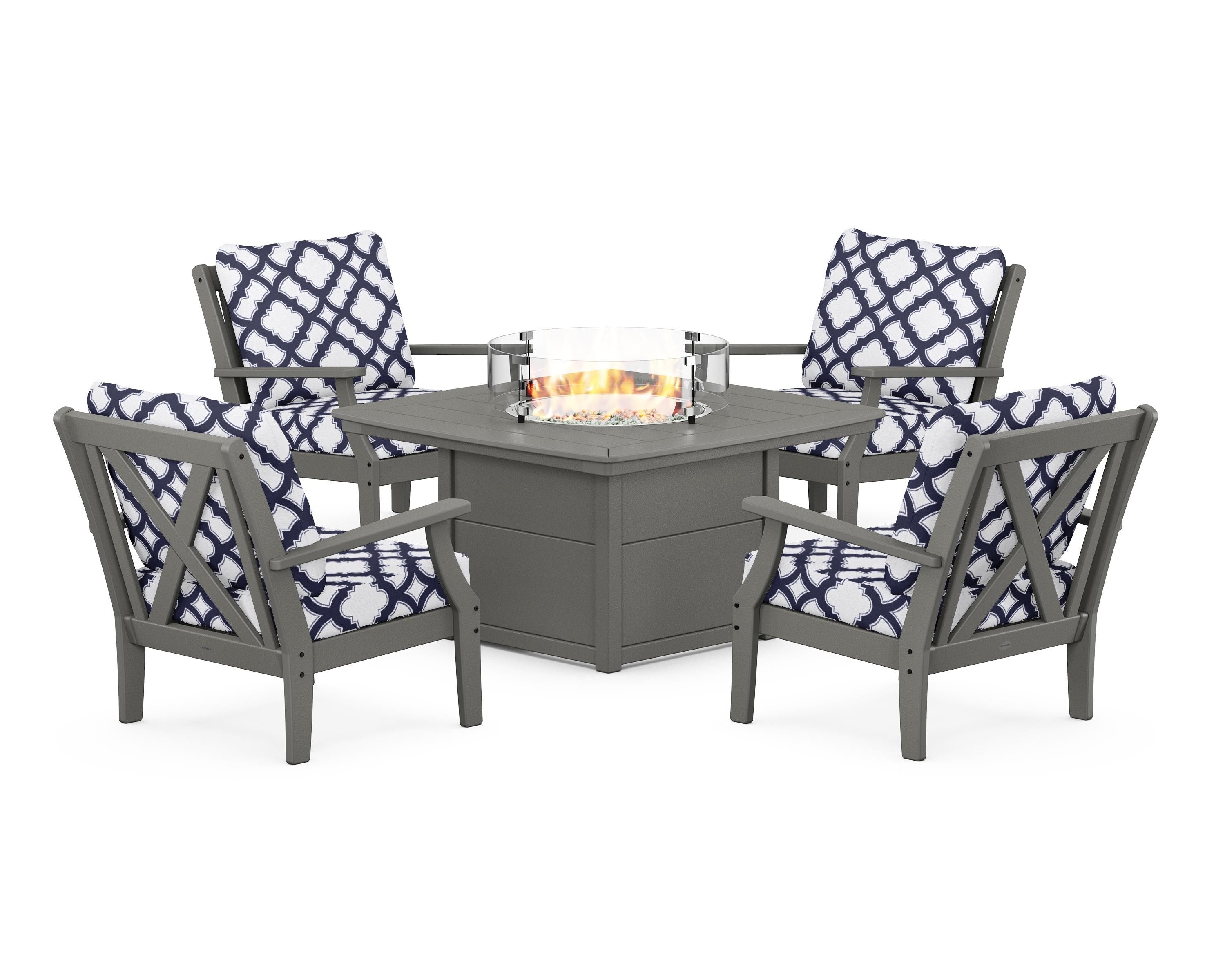 POLYWOOD® Braxton 5-Piece Deep Seating Conversation Set with Fire Pit Table in Slate Grey / Trellis Navy