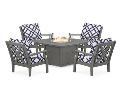 POLYWOOD® Braxton 5-Piece Deep Seating Conversation Set with Fire Pit Table in Slate Grey / Trellis Navy