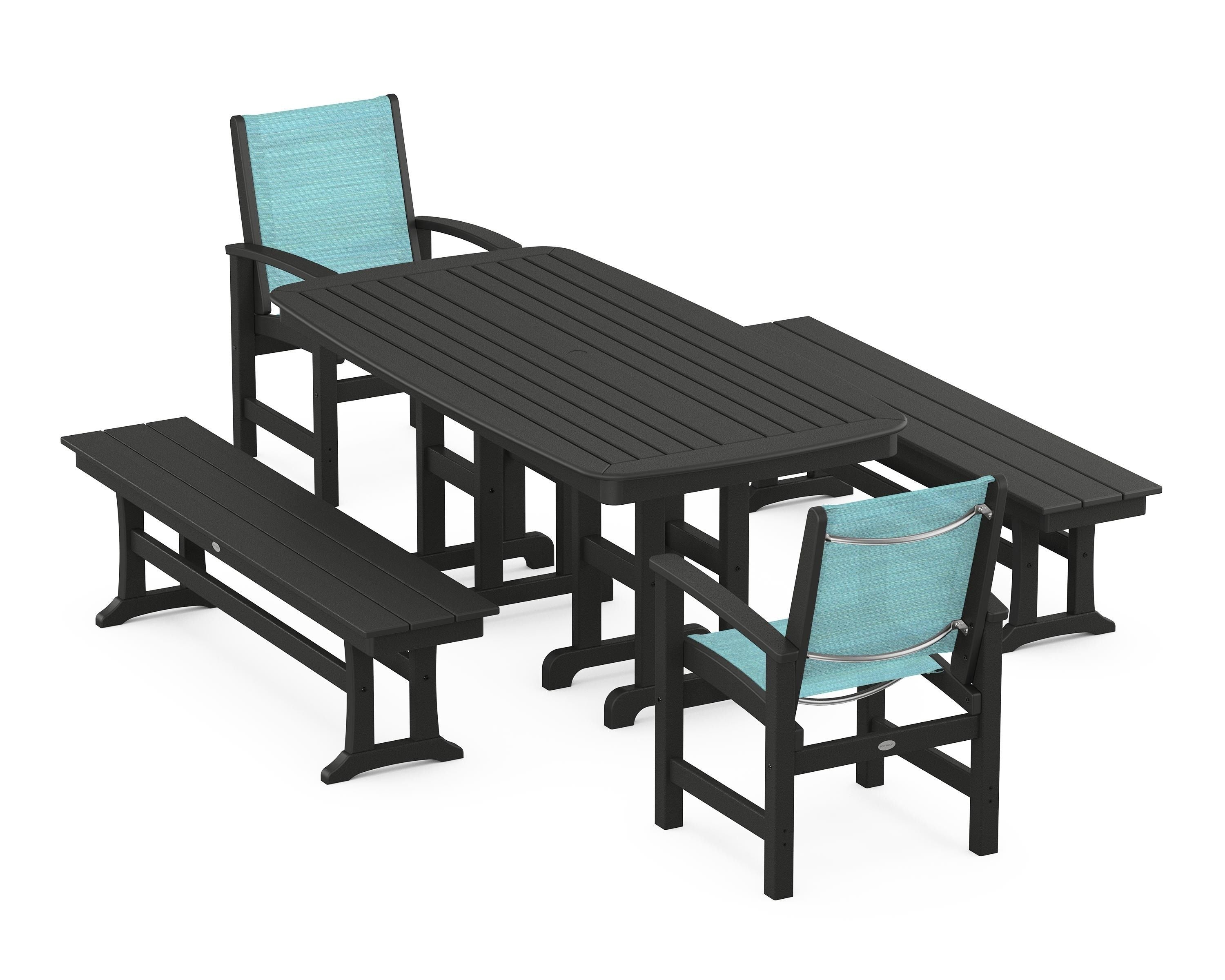 POLYWOOD® Coastal 5-Piece Dining Set in Black / Dupioni Aquamarine Sling