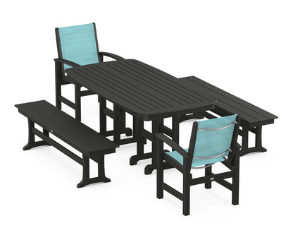 POLYWOOD® Coastal 5-Piece Dining Set in Black / Dupioni Aquamarine Sling