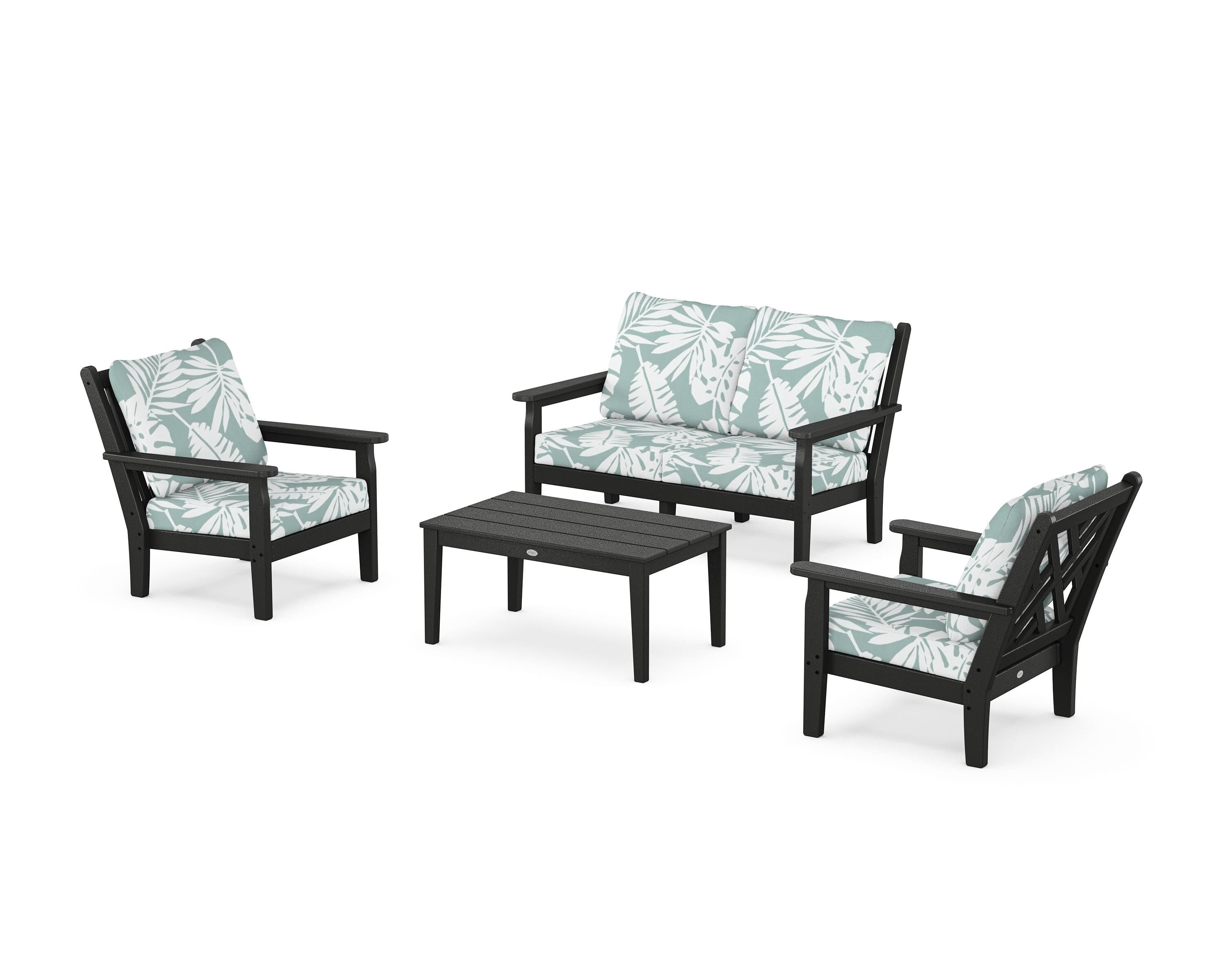 POLYWOOD® Chippendale 4-Piece Deep Seating Set with Loveseat in Black / Leaf Glacier Spa