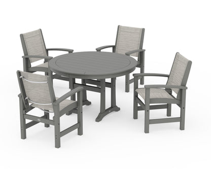 POLYWOOD® Coastal 5-Piece Round Dining Set with Trestle Legs in Slate Grey / Birch Sling