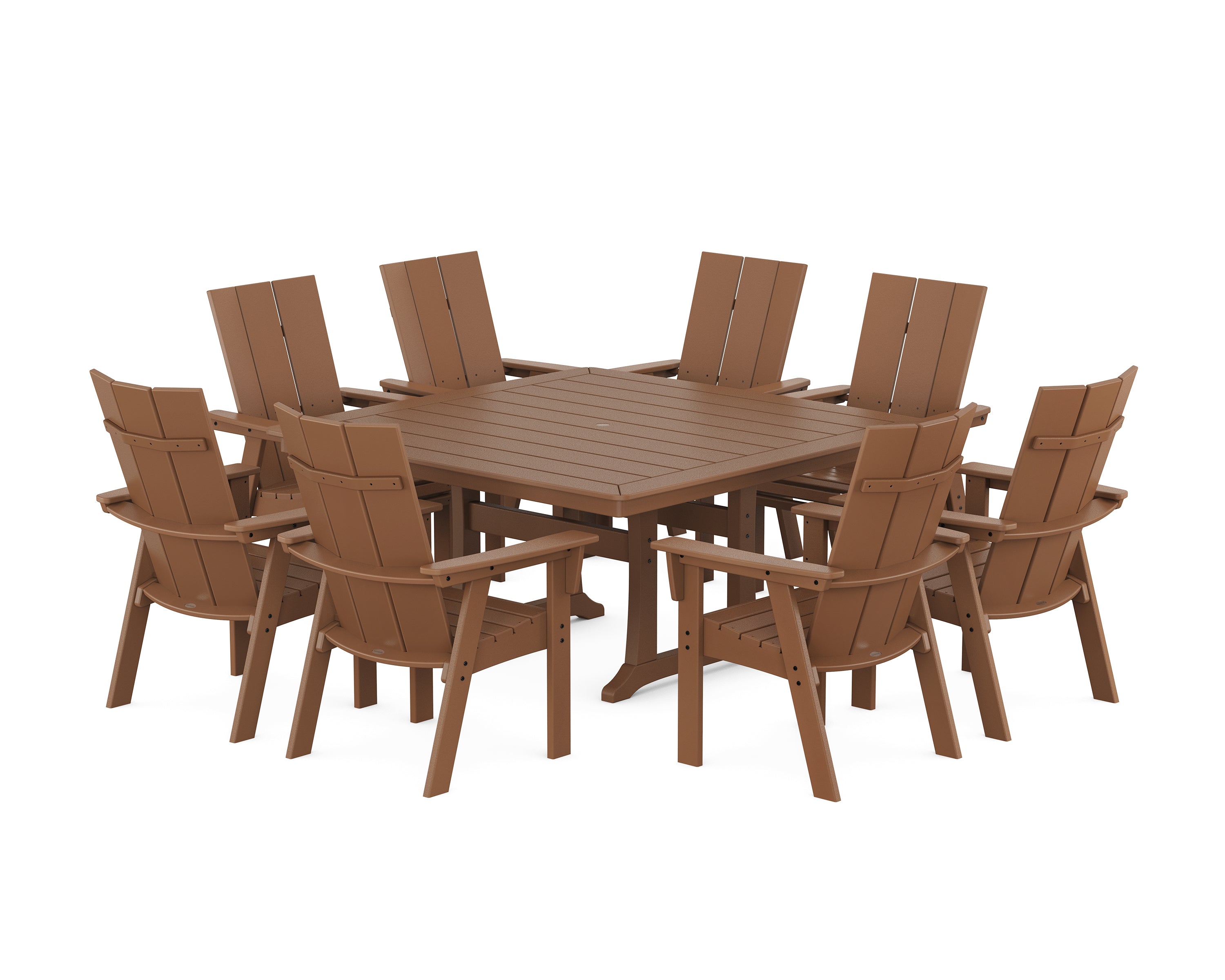 POLYWOOD® Modern Curveback Adirondack 9-Piece Square Dining Set with Trestle Legs in Teak
