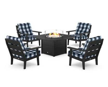 POLYWOOD® Lakeside 5-Piece Deep Seating Set with Nautical Fire Pit Table in Black / Buffalo Plaid Marine Indigo