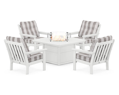 POLYWOOD® Vineyard 5-Piece Conversation Set with Fire Pit Table in White / Buffalo Plaid Grey Mist