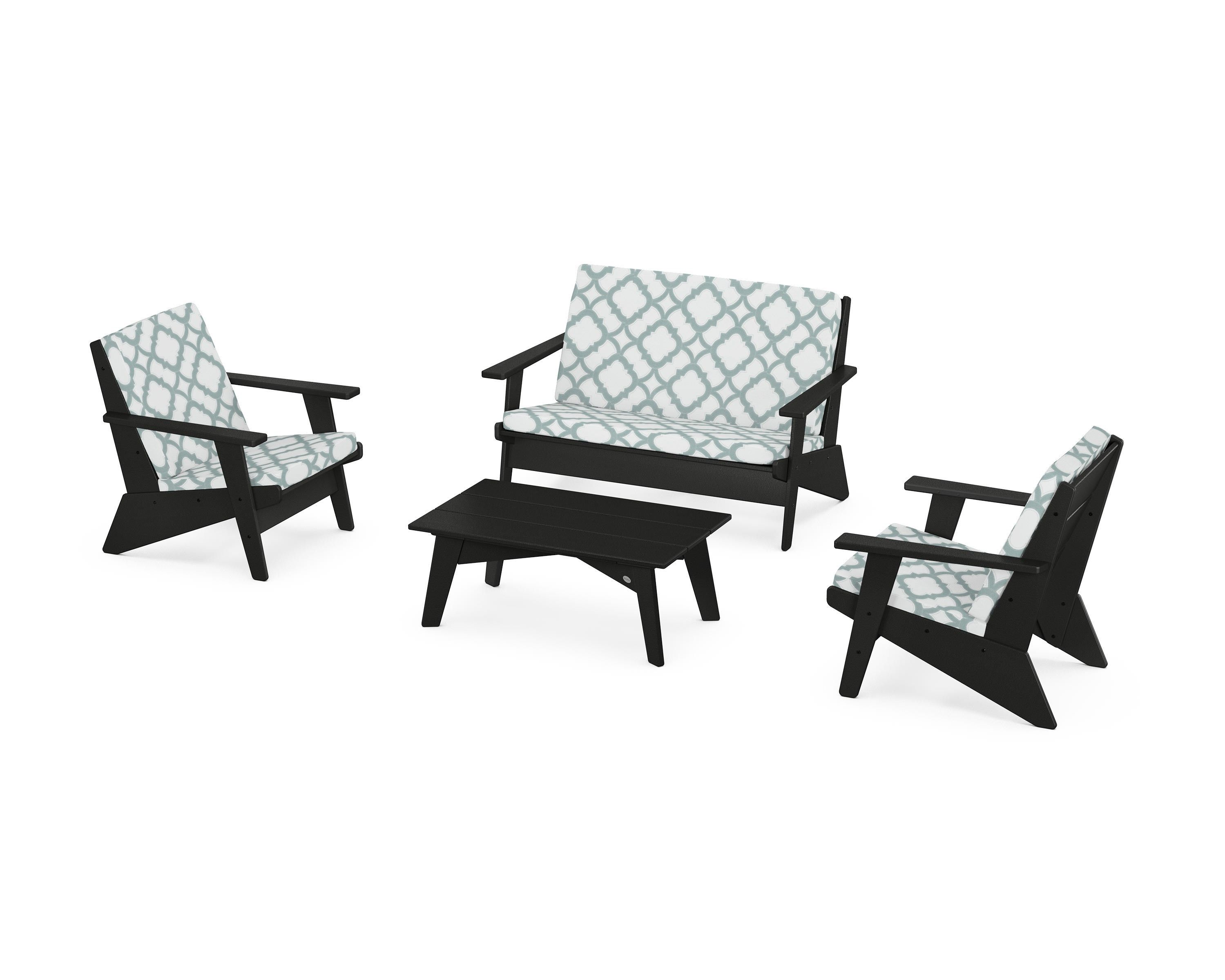 POLYWOOD® Riviera Modern Lounge 4-Piece Set in Black / Trellis Glacier Spa