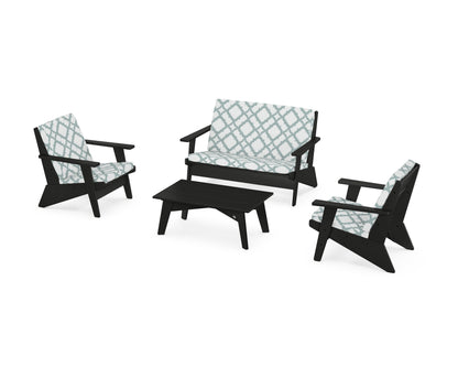 POLYWOOD® Riviera Modern Lounge 4-Piece Set in Black / Trellis Glacier Spa