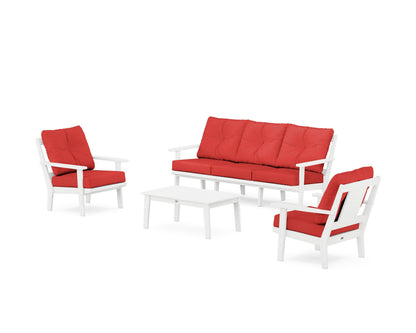 POLYWOOD® Prairie 4-Piece Deep Seating Set with Sofa in White / Crimson Linen