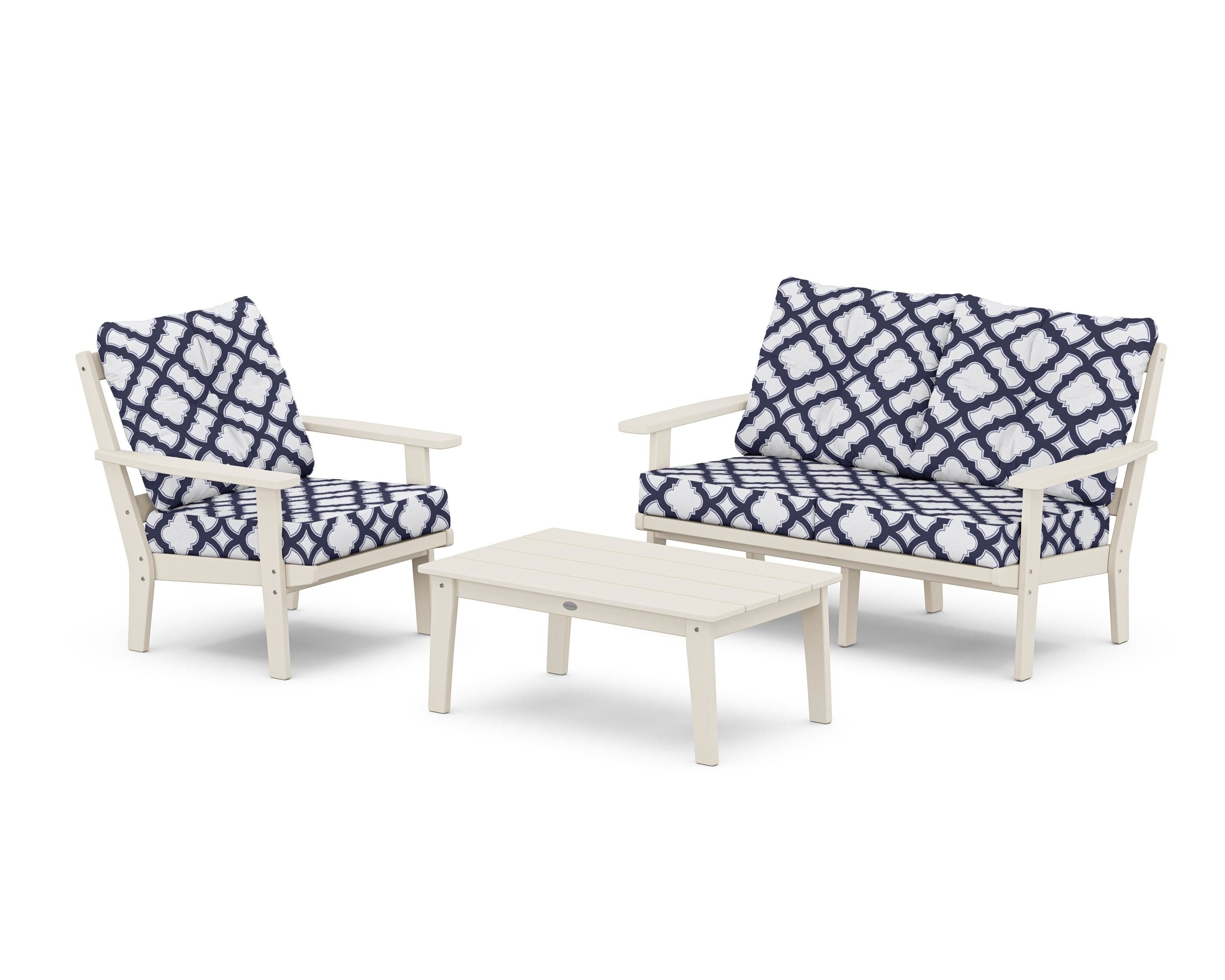 POLYWOOD® Prairie 3-Piece Deep Seating Set with Loveseat in Sand / Trellis Navy