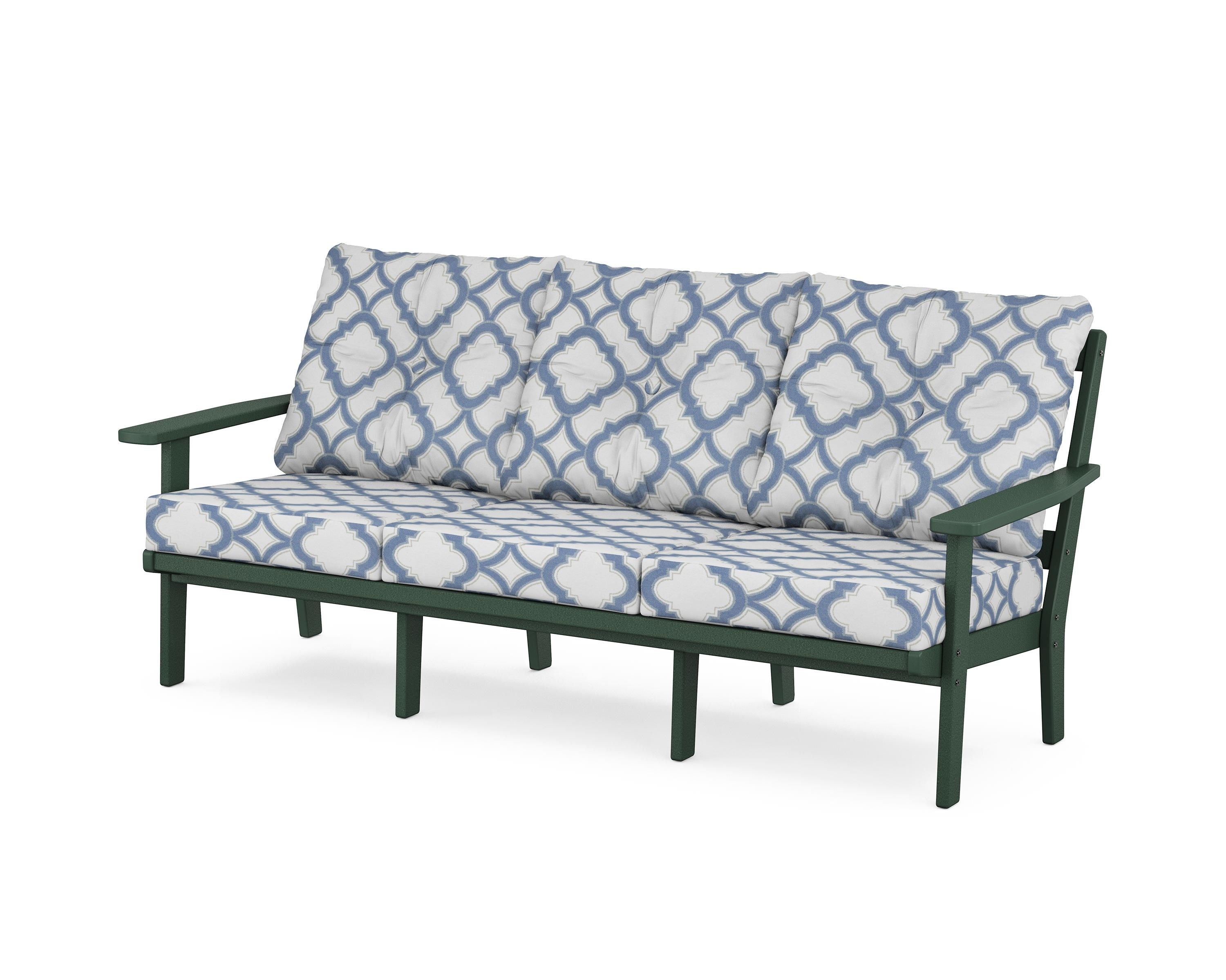 POLYWOOD® Oxford Deep Seating Sofa in Green / Trellis Sky Blue