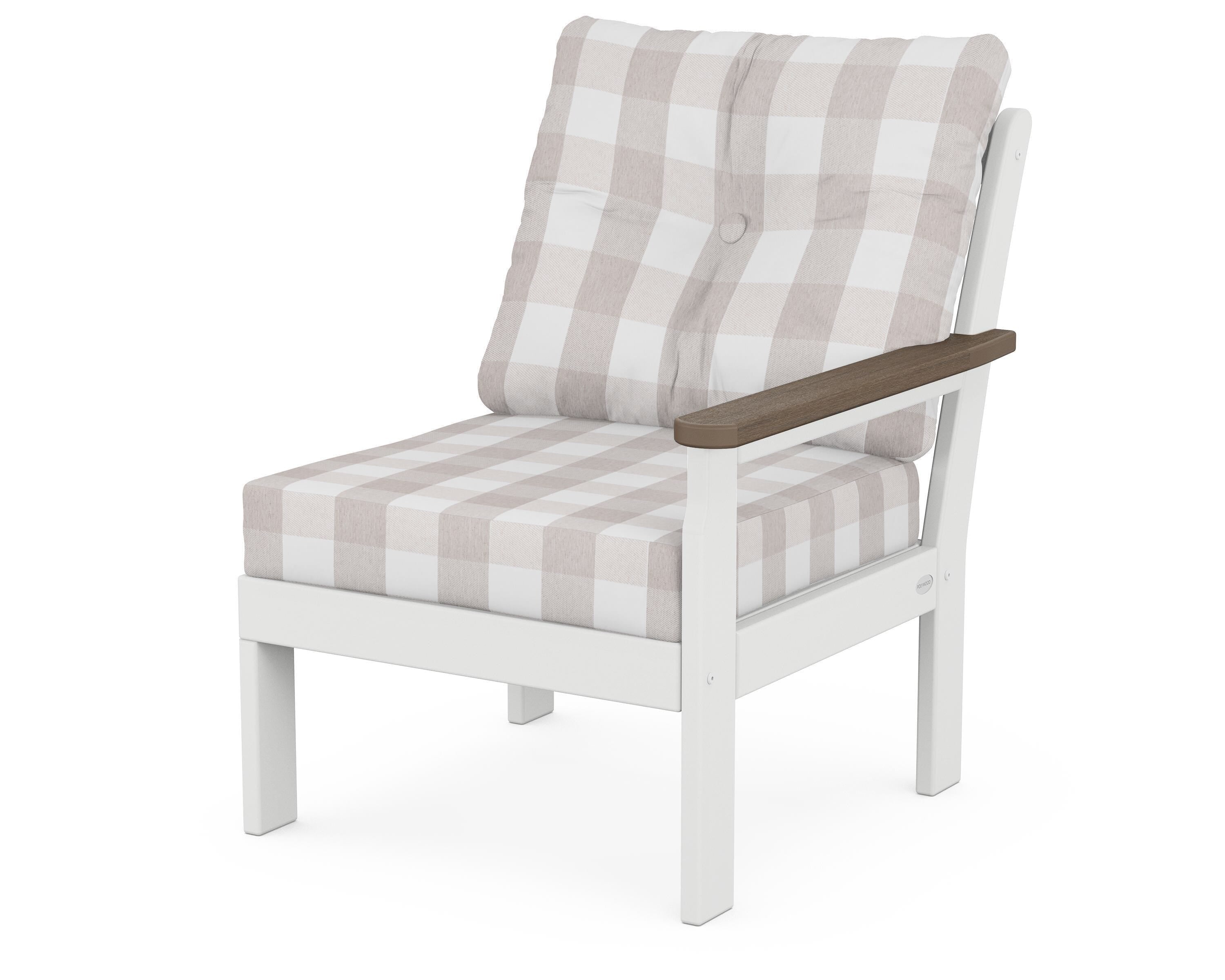 POLYWOOD® Vineyard Modular Right Arm Chair in White / Kona / Buffalo Plaid Dune Burlap