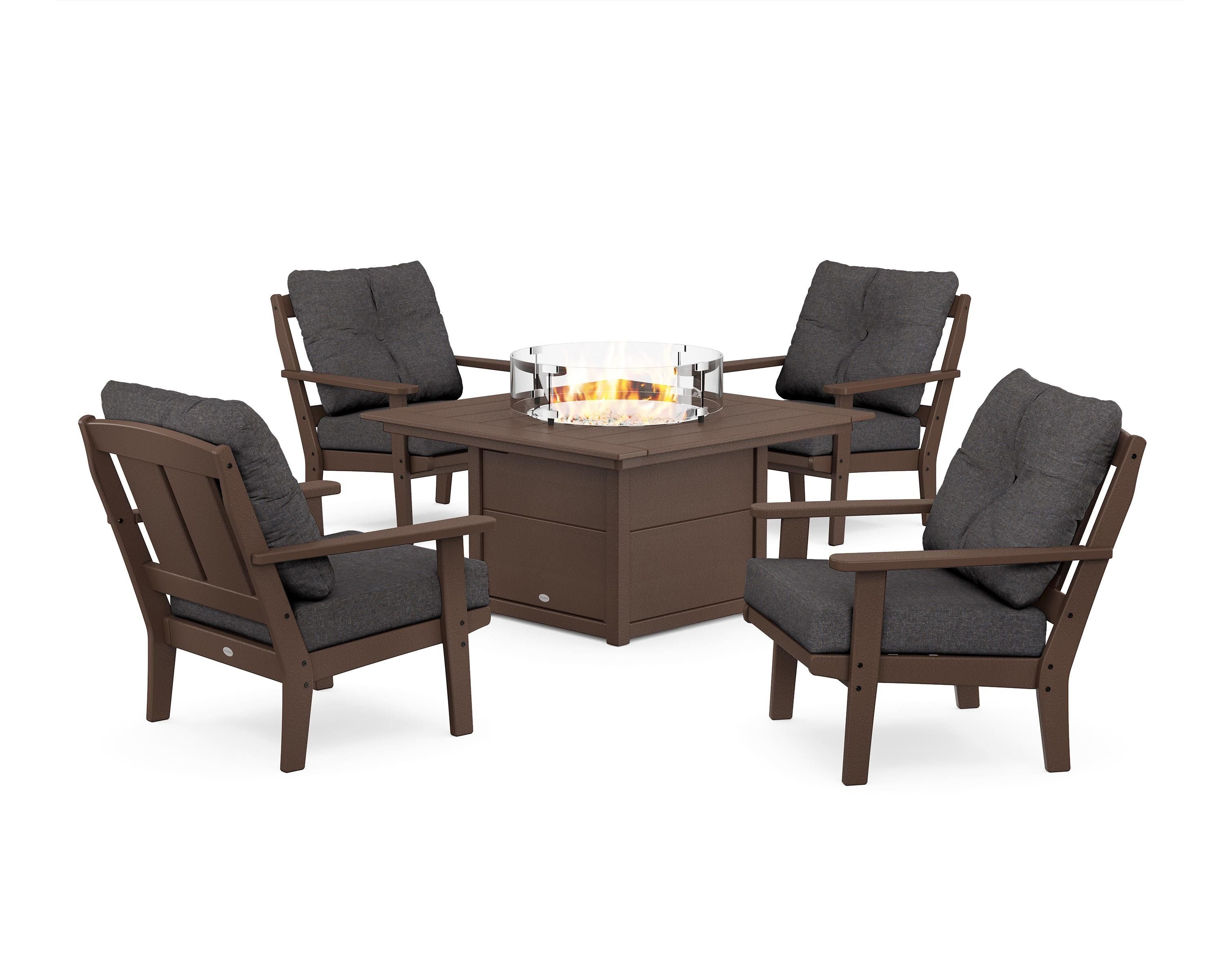 POLYWOOD® Mission 5-Piece Deep Seating Set with Fire Pit Table in Mahogany / Ash Charcoal