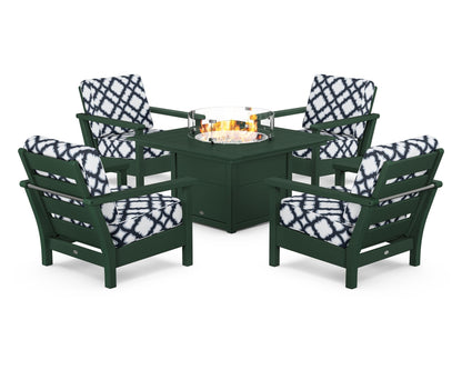 POLYWOOD® Harbour 5-Piece Conversation Set with Fire Pit Table in Green / Trellis Marine Indigo