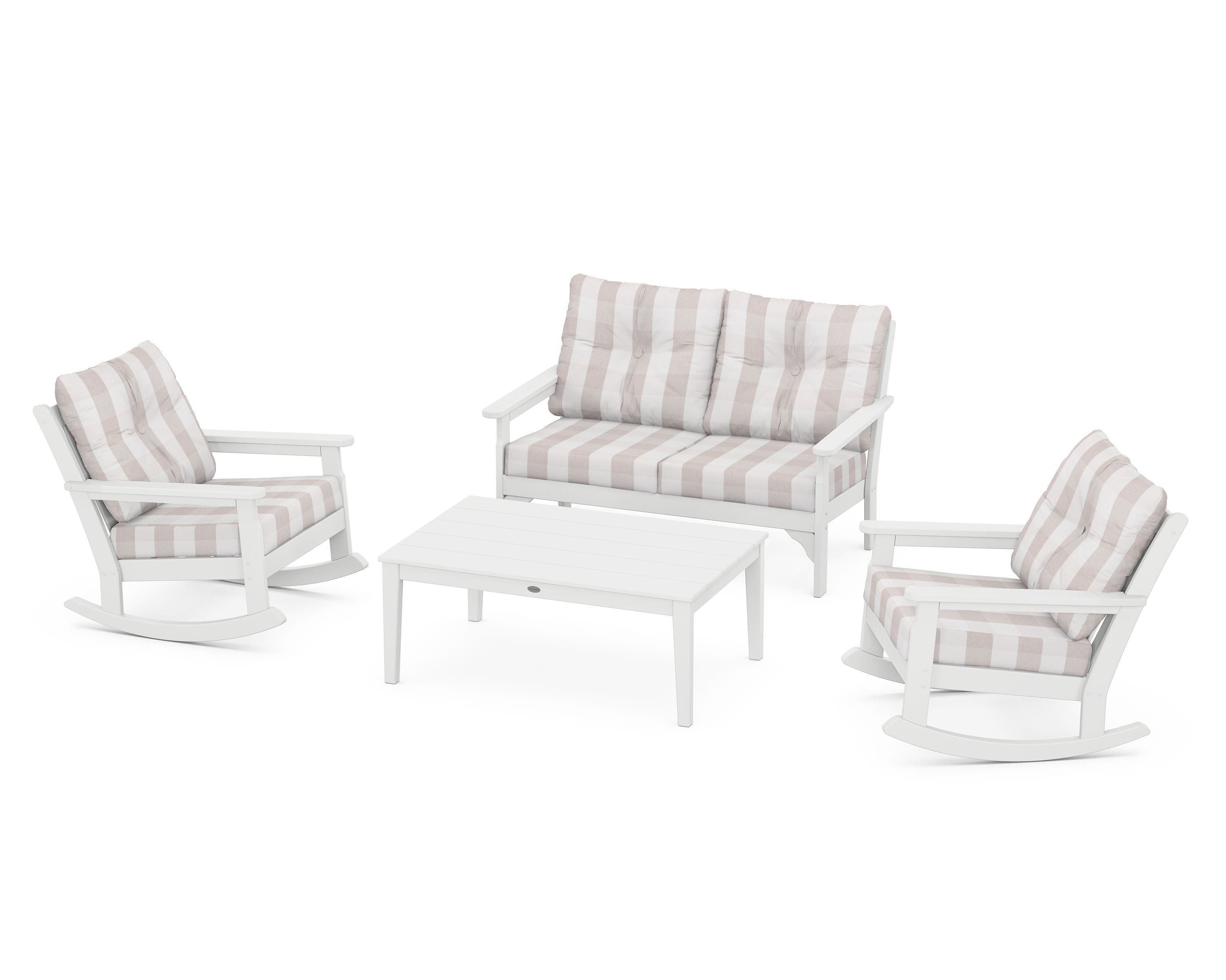 POLYWOOD® Vineyard 4-Piece Deep Seating Rocking Chair Set in White / Buffalo Plaid Dune Burlap