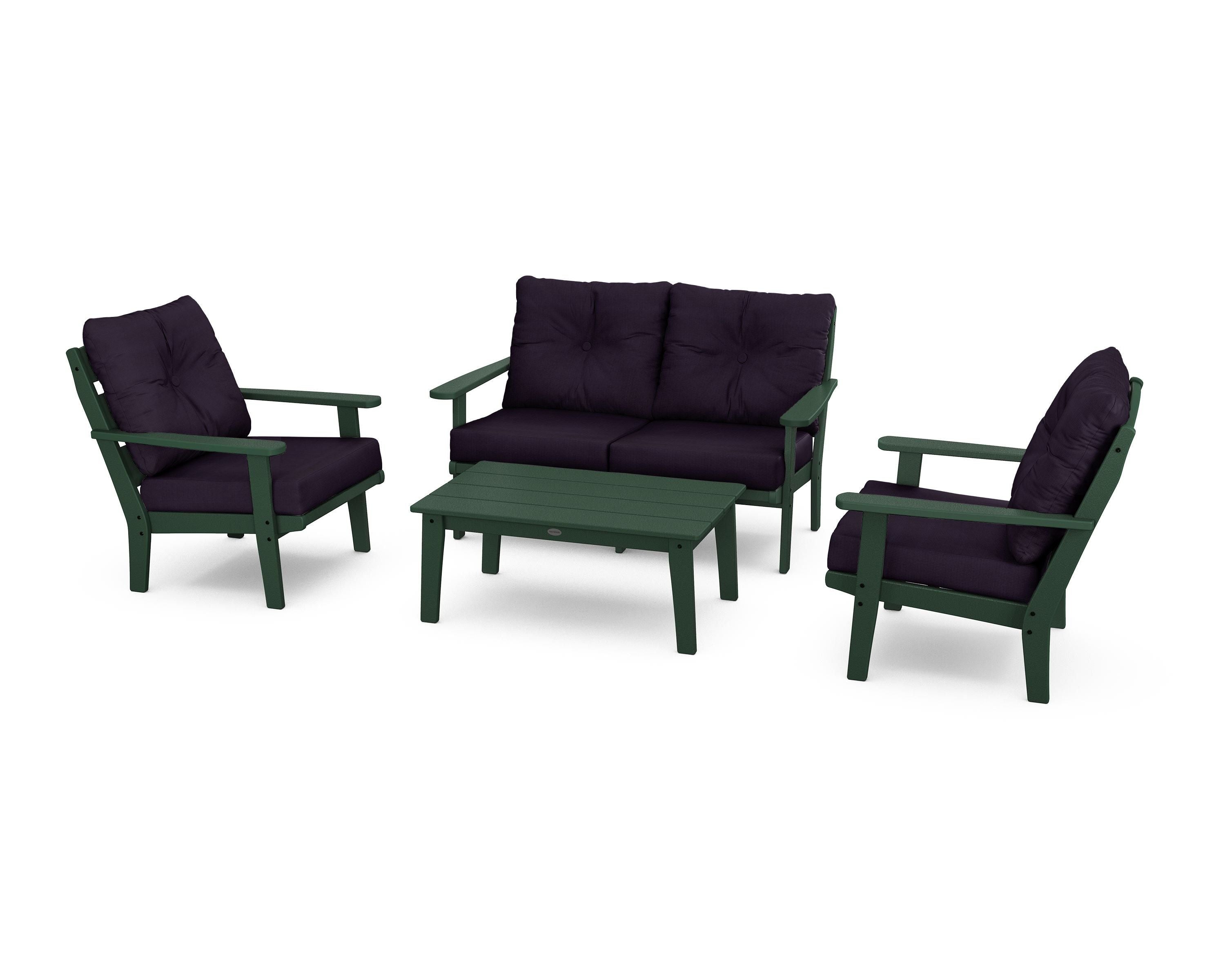 POLYWOOD® Lakeside 4-Piece Deep Seating Set in Green / Navy Linen