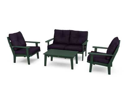 POLYWOOD® Lakeside 4-Piece Deep Seating Set in Green / Navy Linen