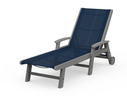 POLYWOOD® Coastal Chaise with Wheels in Slate Grey / Navy Blue Sling