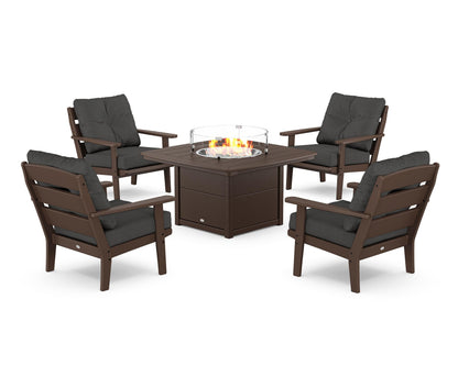 POLYWOOD® Lakeside 5-Piece Deep Seating Set with Nautical Fire Pit Table in Mahogany / Spectrum Carbon