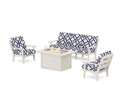 POLYWOOD® Lakeside Deep Seating Fire Pit Table Set in Sand / Trellis Navy