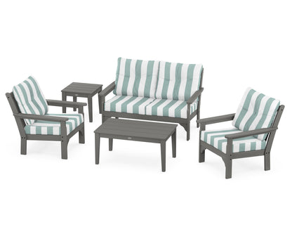 POLYWOOD® Vineyard 5-Piece Deep Seating Set in Slate Grey / Cabana Stripe Glacier Spa