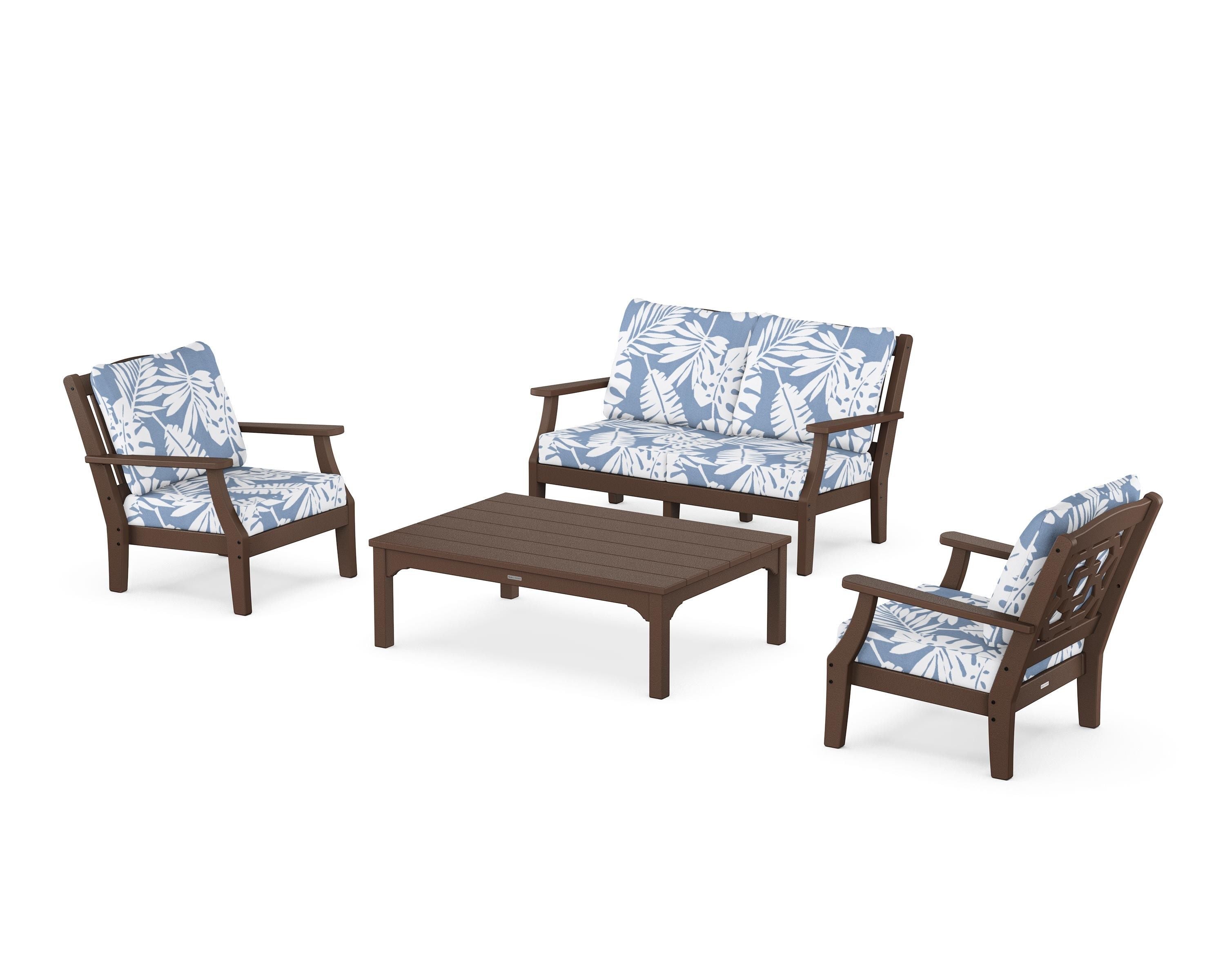 Martha Stewart by POLYWOOD® Chinoiserie 4-Piece Deep Seating Set with Loveseat in Mahogany / Leaf Sky Blue