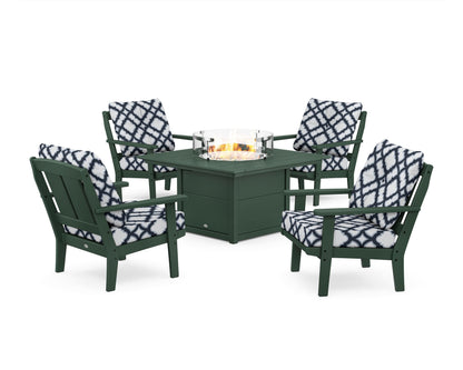 POLYWOOD® Mission 5-Piece Deep Seating Set with Fire Pit Table in Green / Trellis Marine Indigo