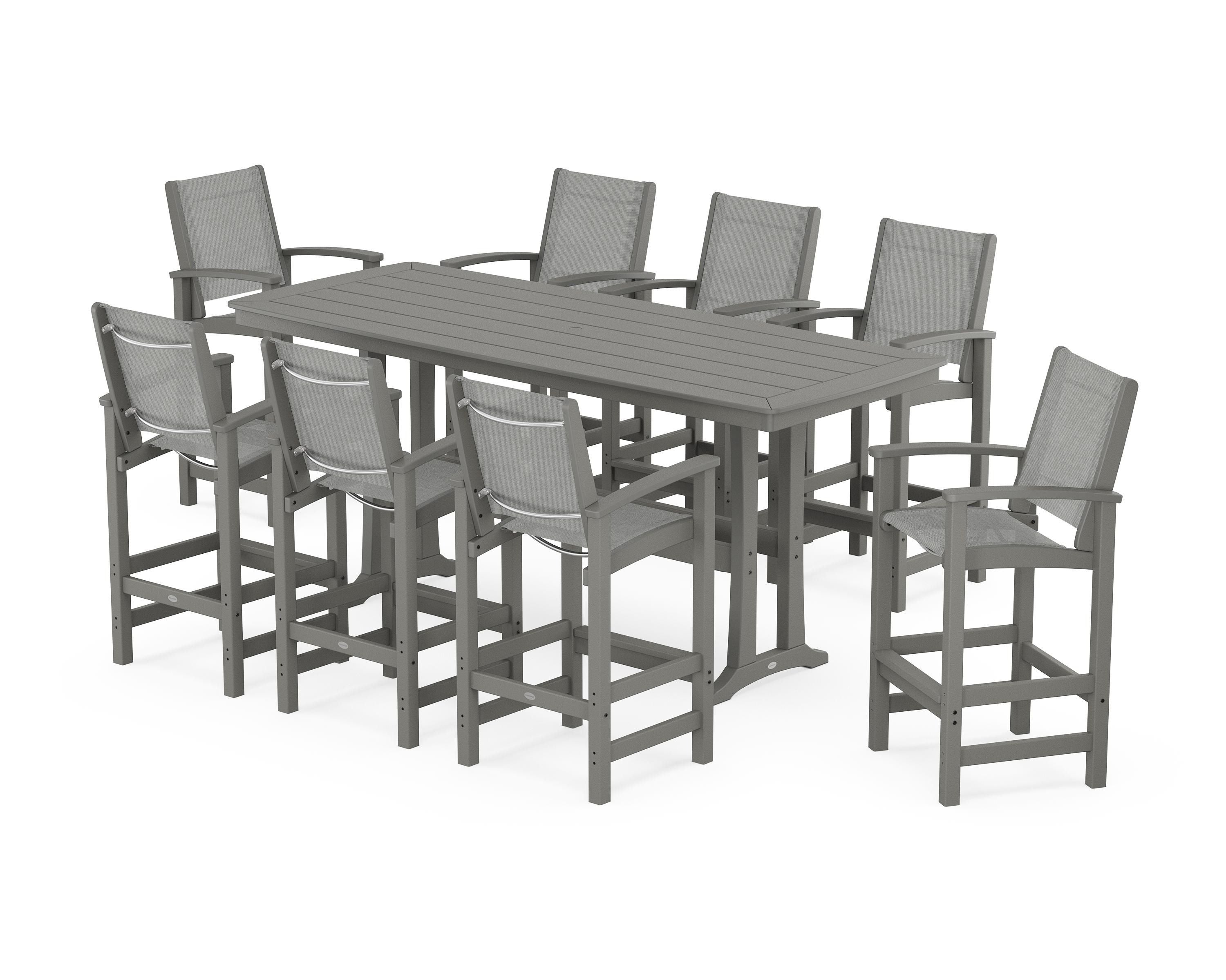 POLYWOOD® Coastal 9-Piece Bar Set with Trestle Legs in Slate Grey / Metallic Sling