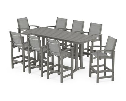 POLYWOOD® Coastal 9-Piece Bar Set with Trestle Legs in Slate Grey / Metallic Sling