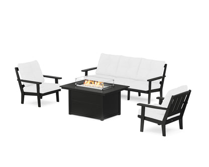 POLYWOOD® Oxford Deep Seating Fire Pit Table Set in Black / Natural
