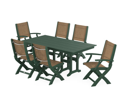 POLYWOOD® Coastal Folding Chair 7-Piece Farmhouse Dining Set in Green / Burlap Sling