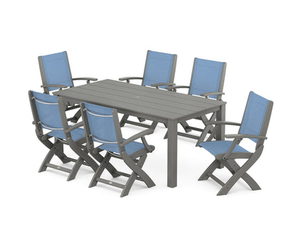 POLYWOOD® Coastal Folding Chair 7-Piece Parsons Dining Set in Slate Grey / Poolside Sling