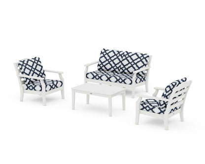 Draper James™ by  POLYWOOD® Savannah 4-Piece Deep Seating Set with Loveseat in White / Trellis Marine Indigo