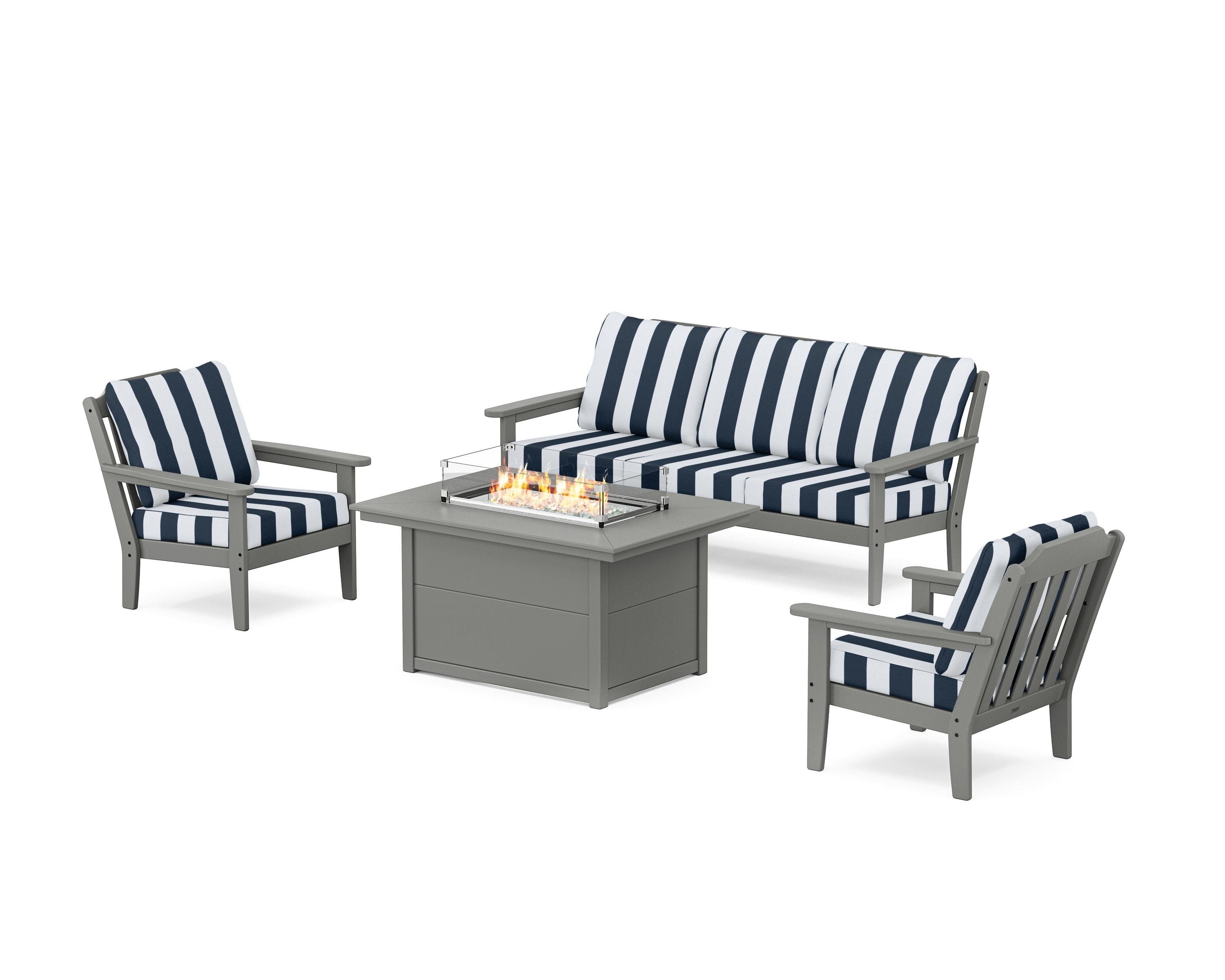 Country Living Cottage Deep Seating Fire Pit Table Set in Slate Grey / Cabana Stripe Marine Indigo