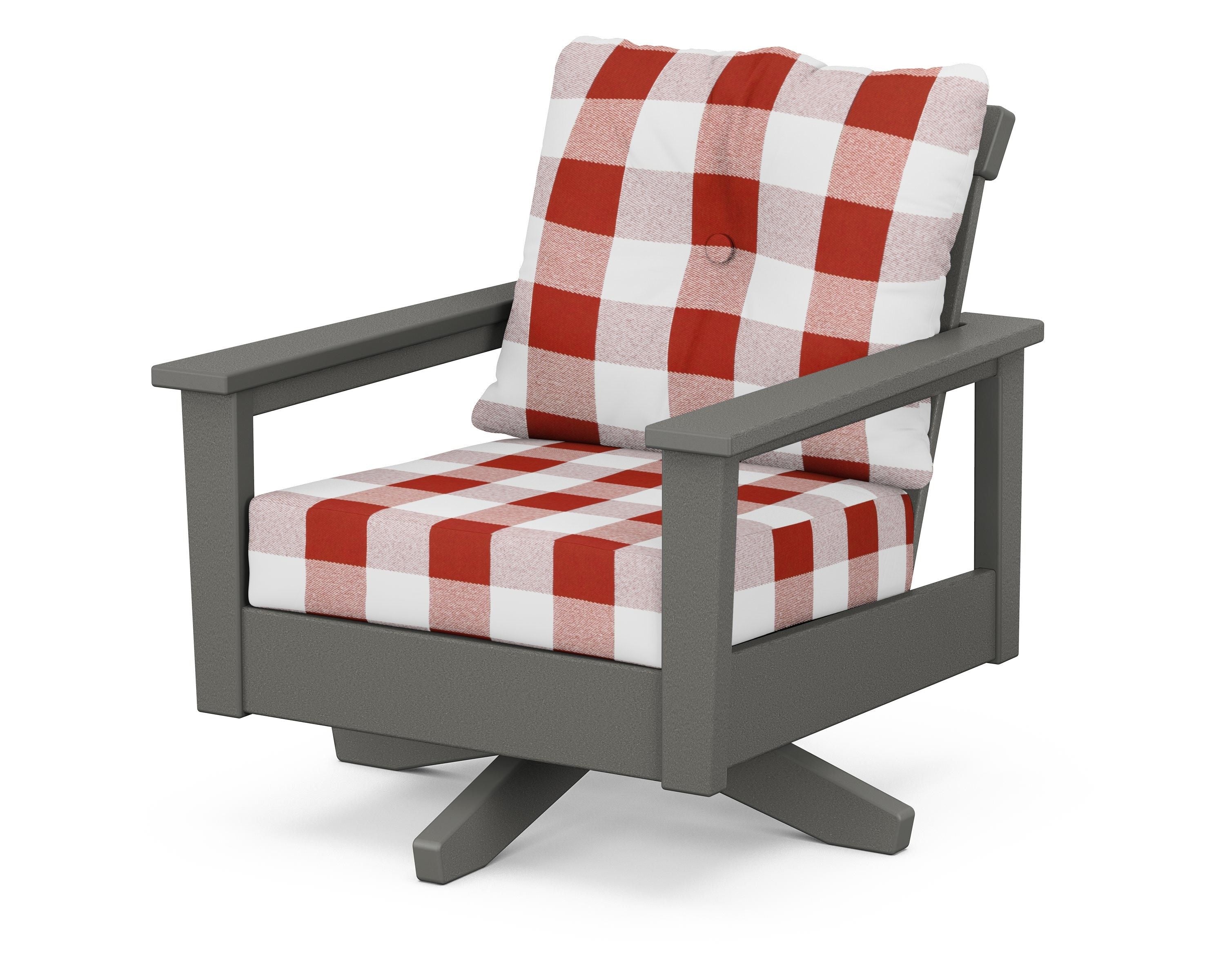 POLYWOOD® Prescott Deep Seating Swivel Chair in Slate Grey / Buffalo Plaid Crimson
