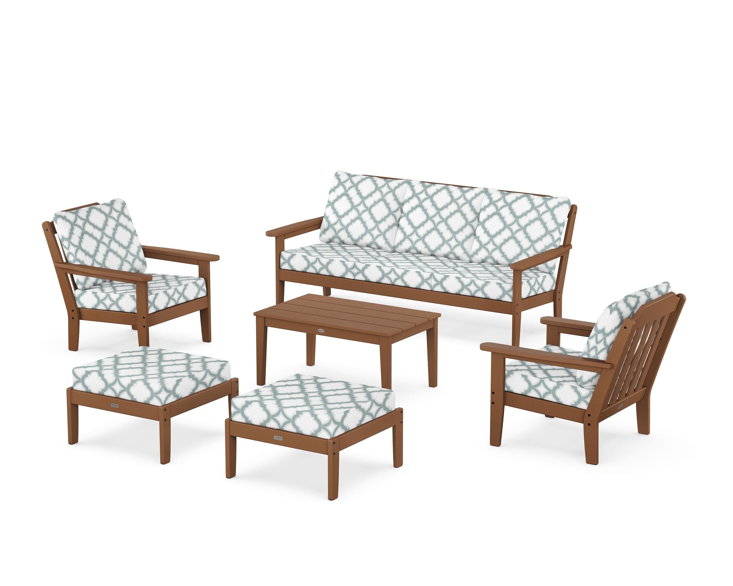 Country Living Cottage 6-Piece Lounge Sofa Set in Teak / Trellis Glacier Spa
