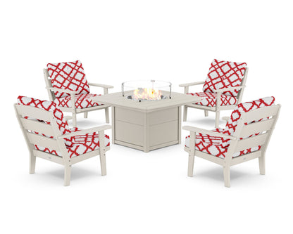 POLYWOOD® Lakeside 5-Piece Deep Seating Set with Nautical Fire Pit Table in Sand / Trellis Crimson